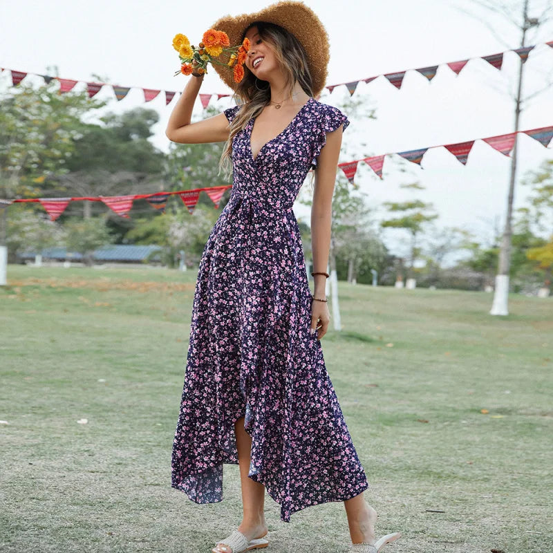 Women's Bohemian V Neck Tie Front Belted A-Line Swing Dress Beach Vacation Summer 2026 New