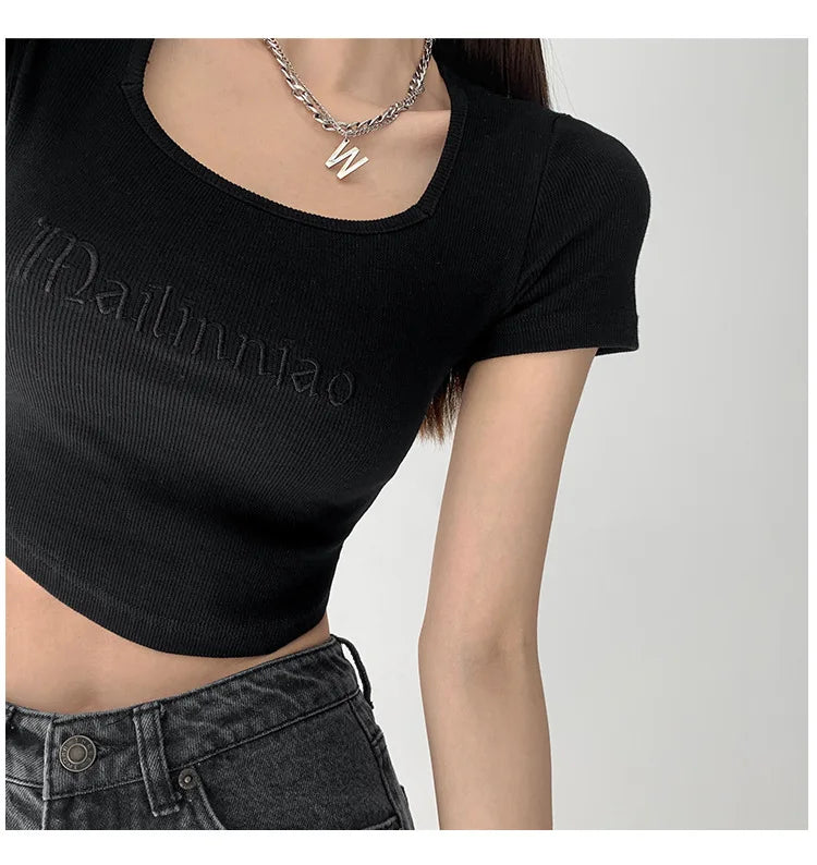 Tshirts Superior Quality spring/summer Letters Embroidery Short Sleeve Tall Waist Fashion Ladies Tops Dropshipping WYP6723