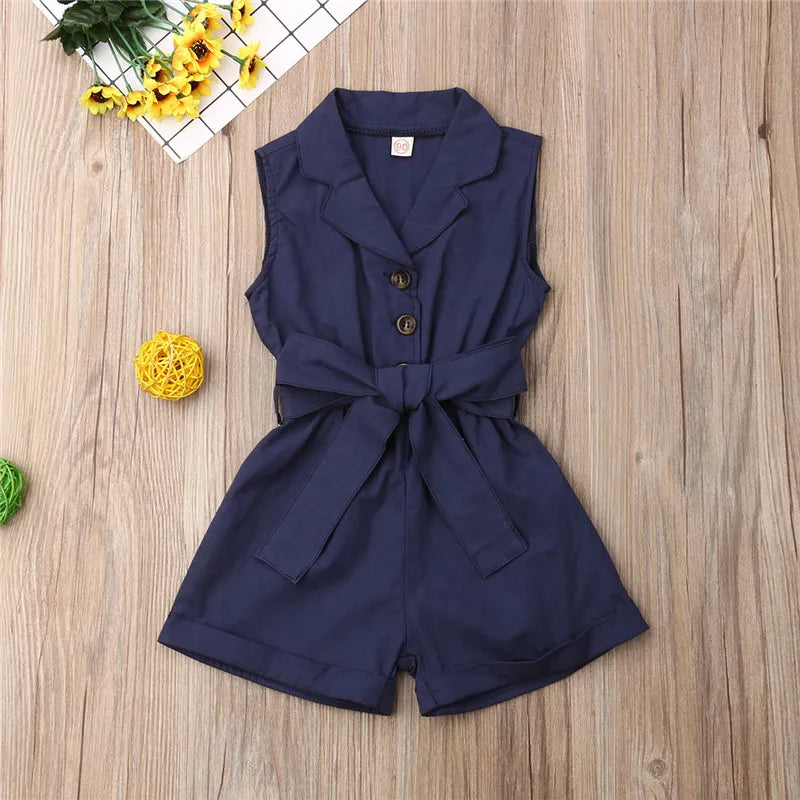 1-6years Baby Girl Sleeveless Romper Solid Navy Blue Beige Green Button Shorts With Belt Jumpsuit For Infant Girl Casual Overall