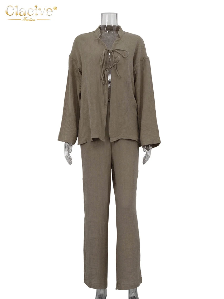Clacive Fashion Loose Brown Cotton 2 Piece Set Women Outfit 2025 Elegant Long Sleeve Shirt With High Waist Wide Pants Set Female