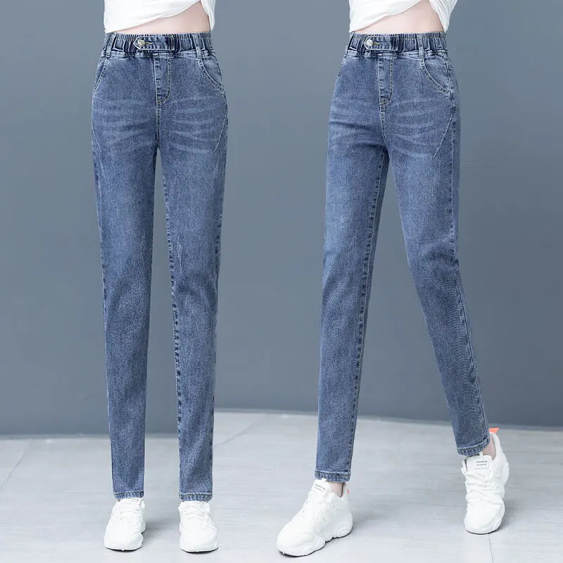 Harajuku Style Women's Jeans Elastic Waist High Waist Cotton Stretch Denim Light Color Pear Shape Body Loose Fit Long Pants