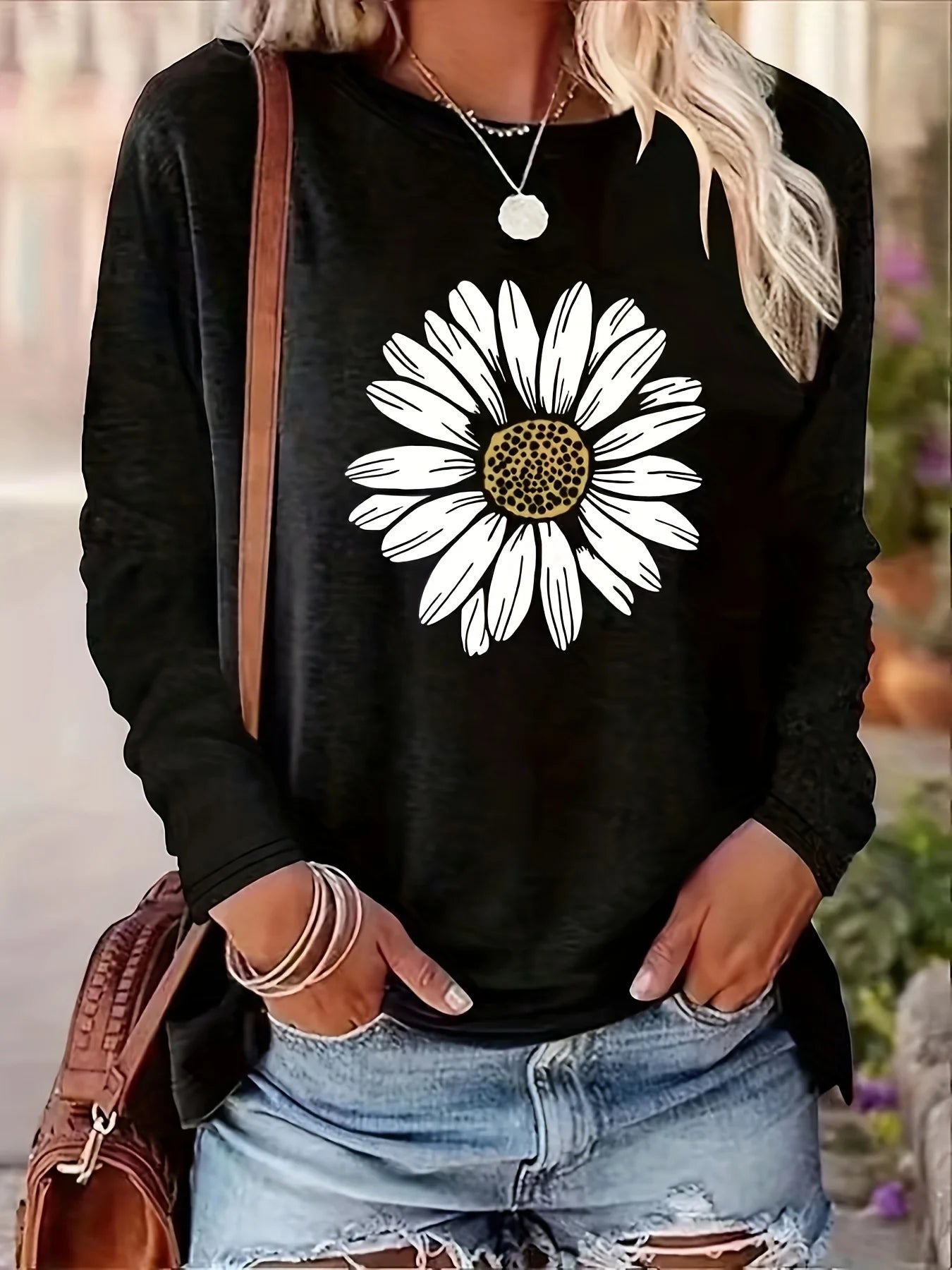 Women's autumn and winter 100% pure cotton fashionable casual loose sunflower print round neck long sleeved T-shirt top