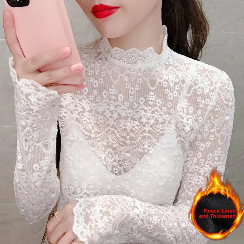 Lace Base Layer Shirt Women's Mid-Neck Thickened Half-High Neck Spring Autumn Winter Inner Wear Sweater Stylish New Model