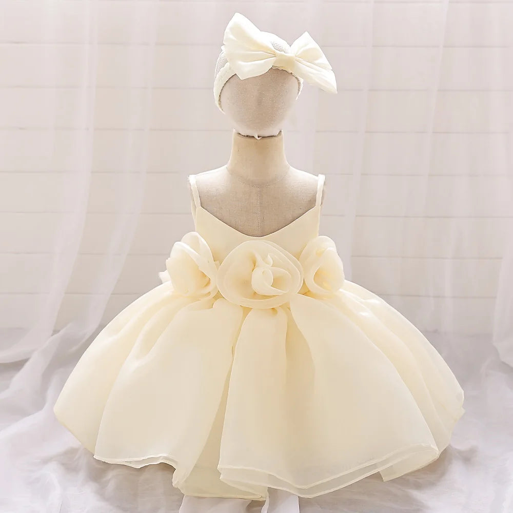 Baby Girl Dress Big Flower Ceremony Pink 1st Birthday Clothes For Baptism Bow Princess Kids Costume Party Wedding Gown Vestidos