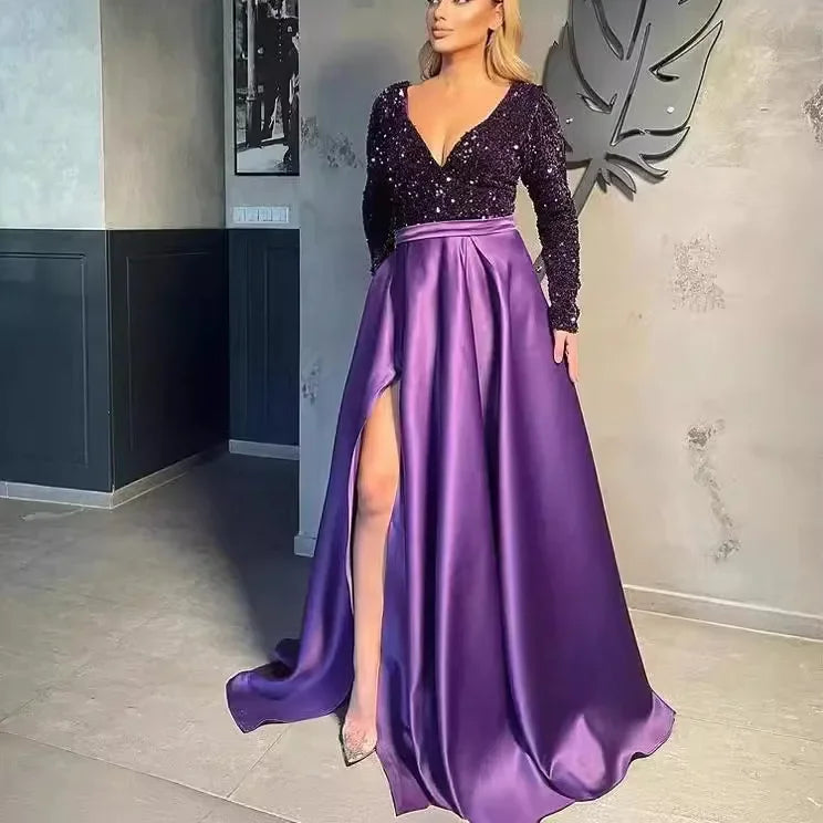 Cross-Border New Single Shoulder Long Sleeve Bead V-Neck Maxi Dress Evening Gown Slit Long Skirt Wide Hem Sparkling Split Dress