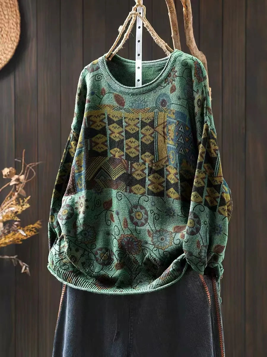 Johnature Vintage Loose Personality O-Neck Sweater 2025 Woman Winter New Long Sleeves Chinese Style Vintage Style Sweater