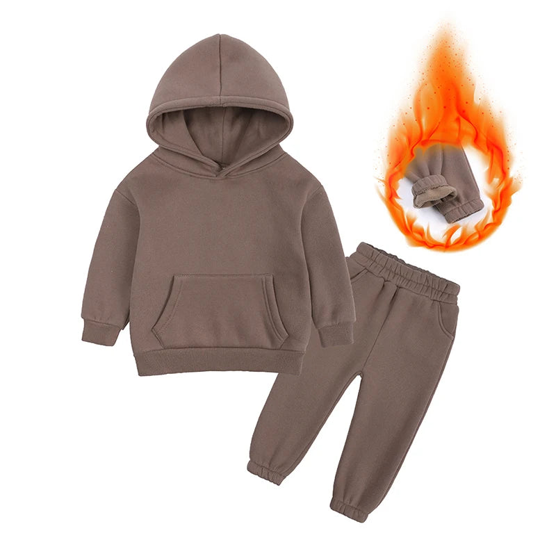2026 Winter Children Fleece Outfits Toddler Warm Thicken Cotton Soild Hoodies+Pants Tracksuit Kids Boy Girl Sweatsuits Sets