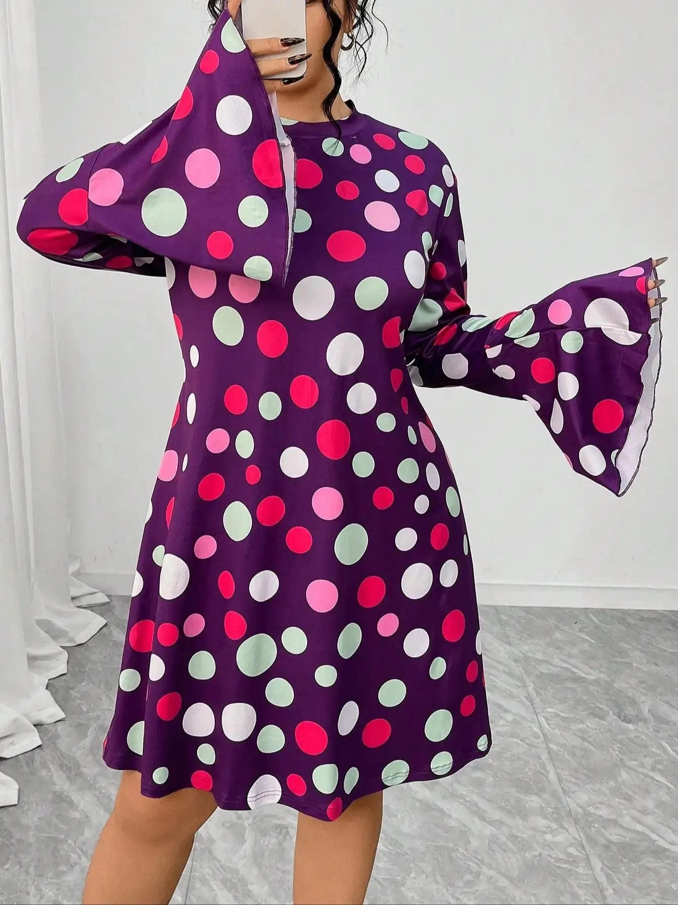 Plus Size Women's Fashionable Casual Round Neck Polka Dot A-line Dress