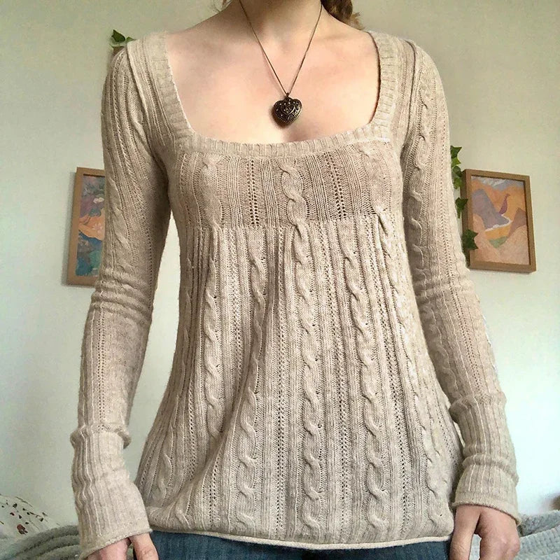 Vintage Babydoll Tops Pullovers Lady Aesthetic Coquette Knit Sweaters Outfit Autumn Square Neck Long Sleeve Knitwear Jumpers