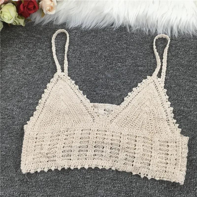 Crop Tops Retro Wild Hollow Perspective Tassel Sexy Spaghetti Strap Tanke Top Women Built In Bra 2021 New Back Lace Halter Neck