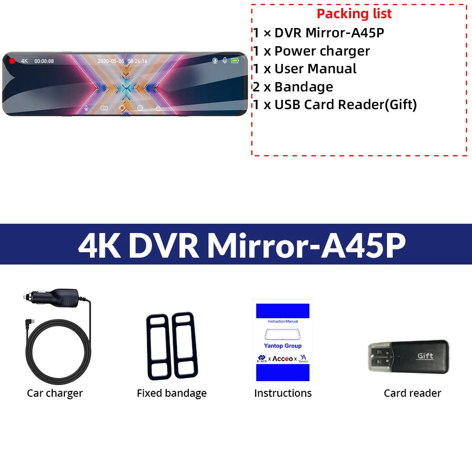 E-ACE Car DVR 24H Touch GPS Night Vision Connect Phone 12 Inch Record Sound Rear Camera 4K Dash Cam Optional Dual-Lens Black Box