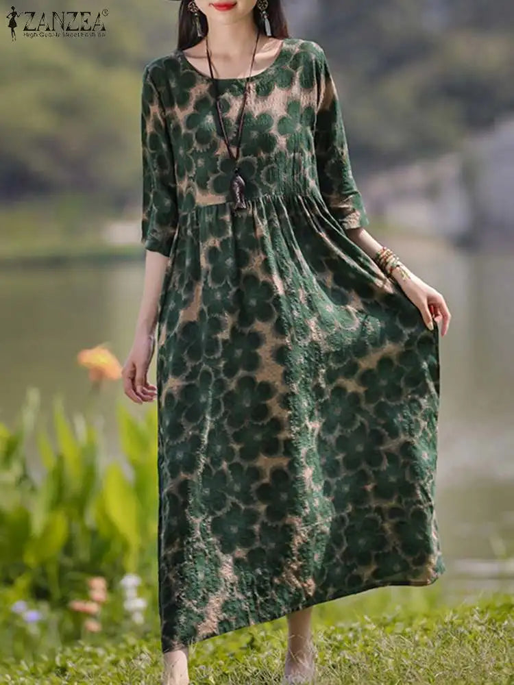 ZANZEA Vintage Floral Print Dresses Women Bohemian Long Dress Autumn Long Sleeve Maxi Sundress Stylish Holiday Robe Vestidos