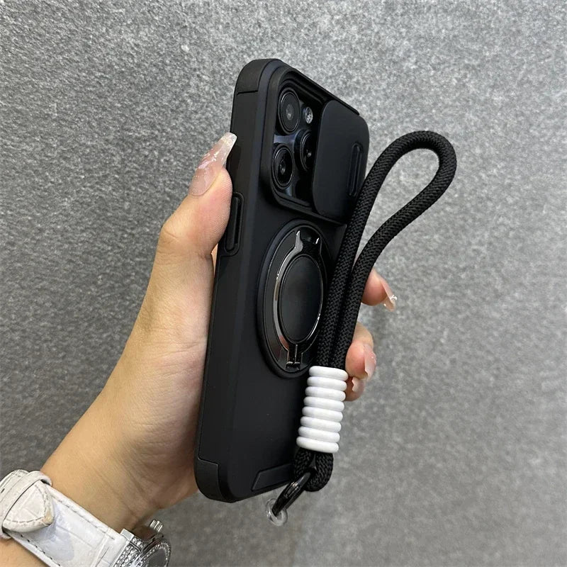 New Armor Magnetic Bracket Cases for iPhone 16 14 13 12 11 15 Pro Max Plus With Lanyard Slide Camera Protection Shockproof Cover