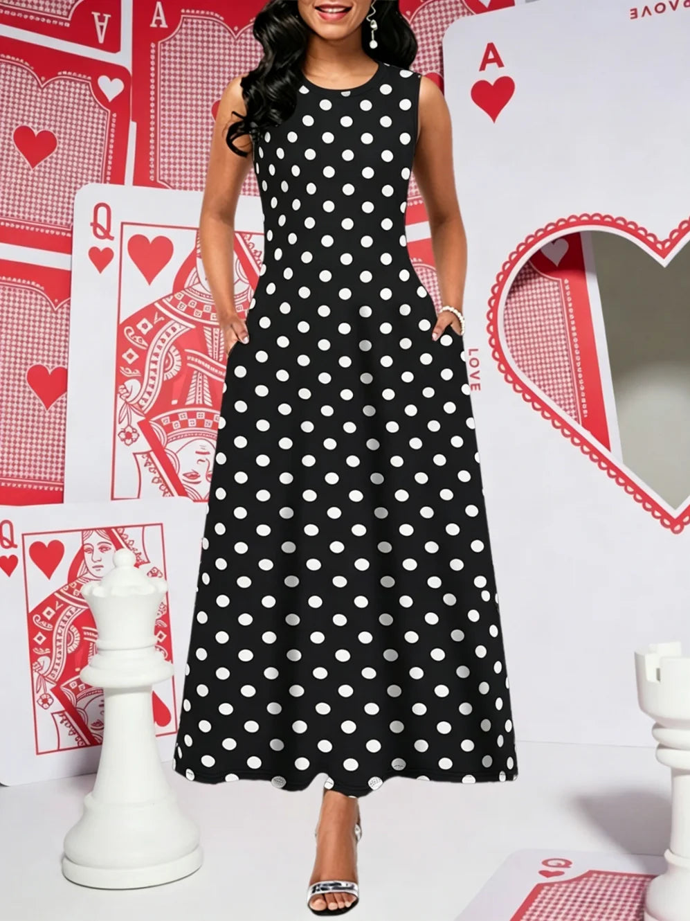 Women's Casual Dresses Summer Stylish Polka Dot Print Sleeveless Dress with Round Neck and Pockets Fashion Elegant Party Dresses