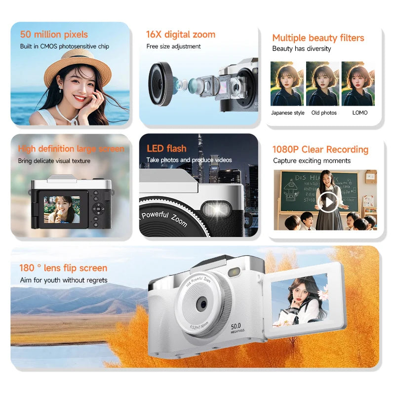 New 16x Zoom Camera 1080P HD Digital Camera 50 Megapixel with 2.4 inch LCD Screen 180 Flip Screen Suitable Student Adult Gift