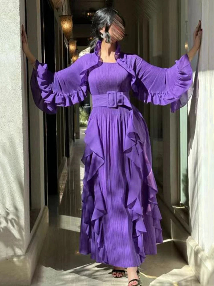 LANMREM Fashion Ruffles Pleated Dress Women Round Neck Flare Sleeves Solid Maxi Belt Dresses Party 2025 Spring New 2AA1502