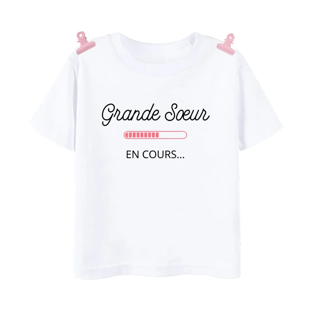 Big Sister Big Brother in Progress French Printed T-shirt Pregnant  Announcement Shirt  Kids Tshirt Tops Boys Girls Summer Tee