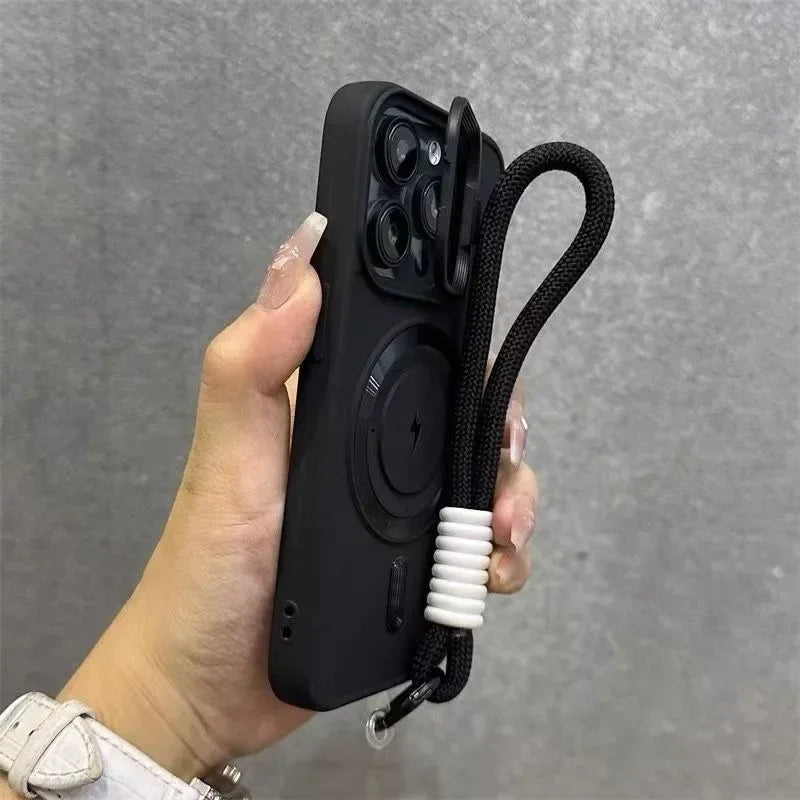 Luxury Flip Up Lens Holder Magnetic Case for iPhone 16 15 14 13 12 11 Pro Max 17 Plus Fashion Nylon Wristband Lanyard Soft Cover