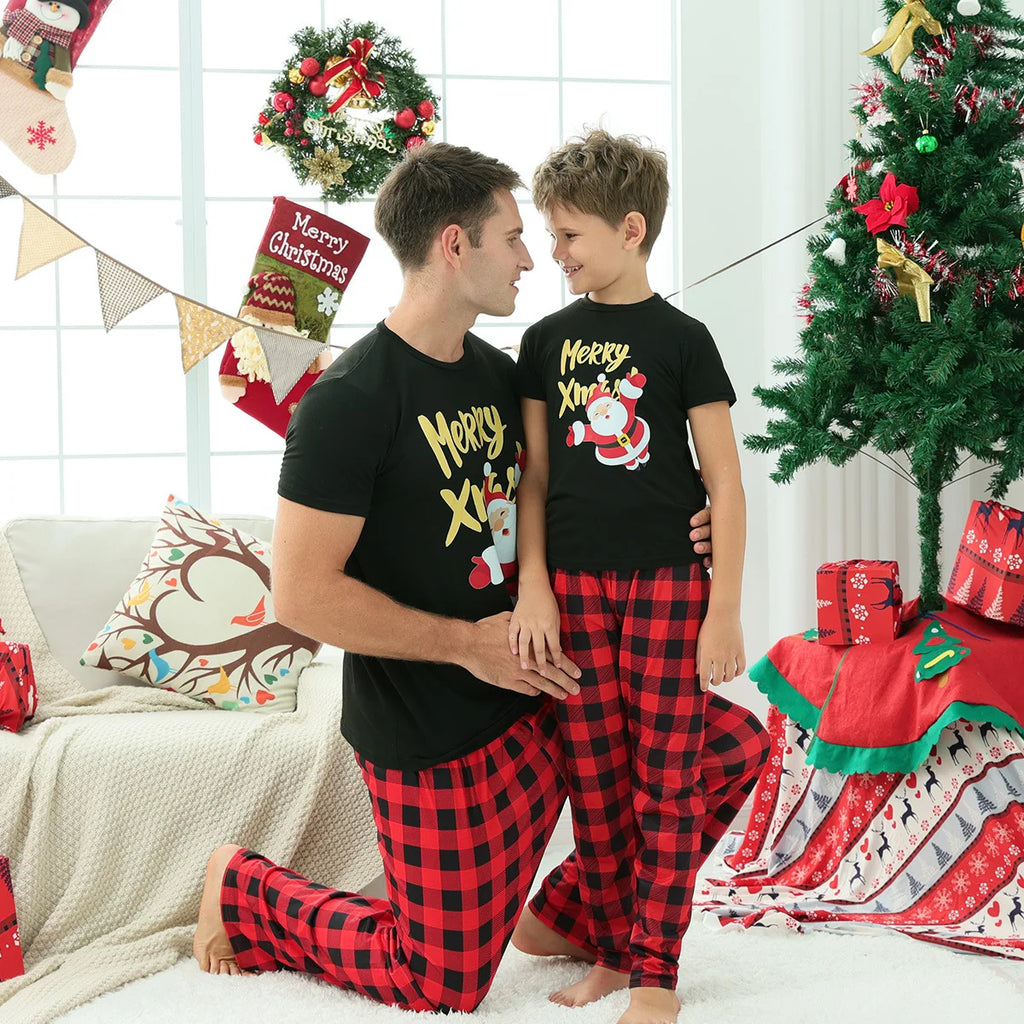 Xmas Family Look New Short Sleeve Christmas Matching Outfits Santa Tree Print Sleepwear Adults Kids Cute Pajamas Set Baby Romper
