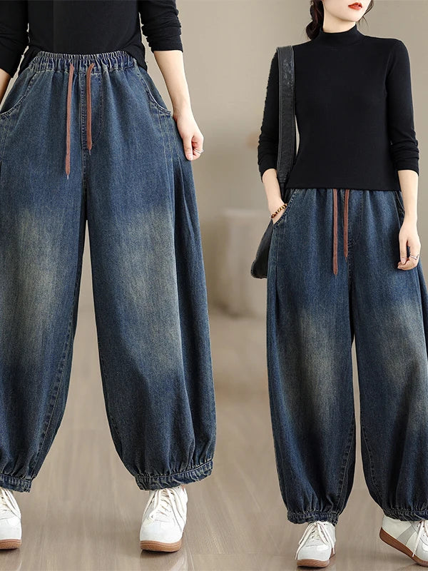 Women's Casual Washed Denim Elastic Waist Loose Fit Jeans Harlan Pants plus Size Nine Points Spring Autumn Seasonal Cotton