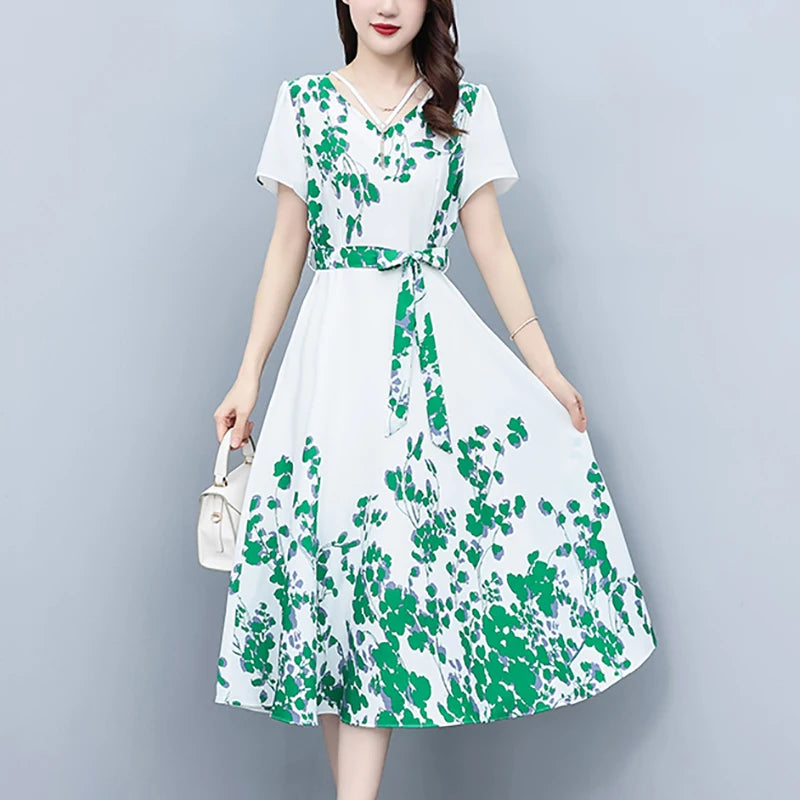 Beach Style Red Floral Chiffon Long Dress for Women Summer Elelgant Casual Holiday Dress 2024 Korean Vintage Bodycon Party Dress