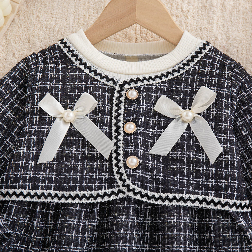 Spring And Autumn New Black Checkered Baby Girl Dress, Sweet Bow Children'S Clothing For Babies Aged 9 Months To 3 Years Old