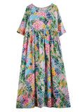 Cotton Short Sleeve Purple Print Vintage Long Dresses For Women 2026 Summer Casual Loose Dress Femme Vestidos Elegant Clothing