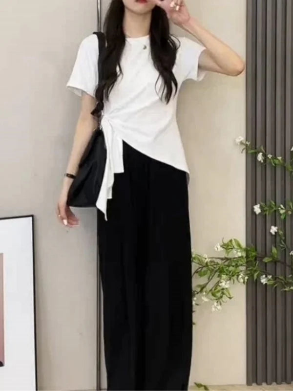 plus Size Women's Cotton T-Shirt Side Tie Waist Short Sleeve Asymmetrical Slit Summer Slimming Top Korean Style Casual Wear