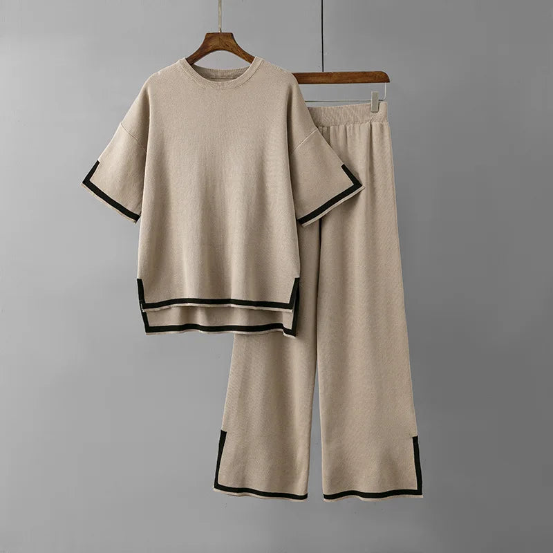 Women Two Piece Set Knit Sweater Suit Short Sleeve Round Neck Tops Loose Wide Leg Pants Solid Splice Midi Waist Casual