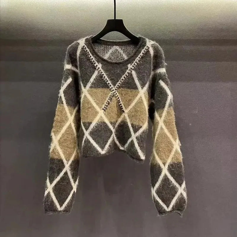 Fashion Color Matching Rhombus Square Knitting Bottoming Shirt Women New Classic Long Sleeve O-collar Loose Sweaters Lady Top