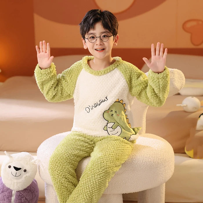 Flannel Pajamas For Boy Flannel Warm Pyjamas Kids Thicken Cartoon Teens Sleepwear Cute Big Boys Girls Night Clothes 10 12 14 16Y