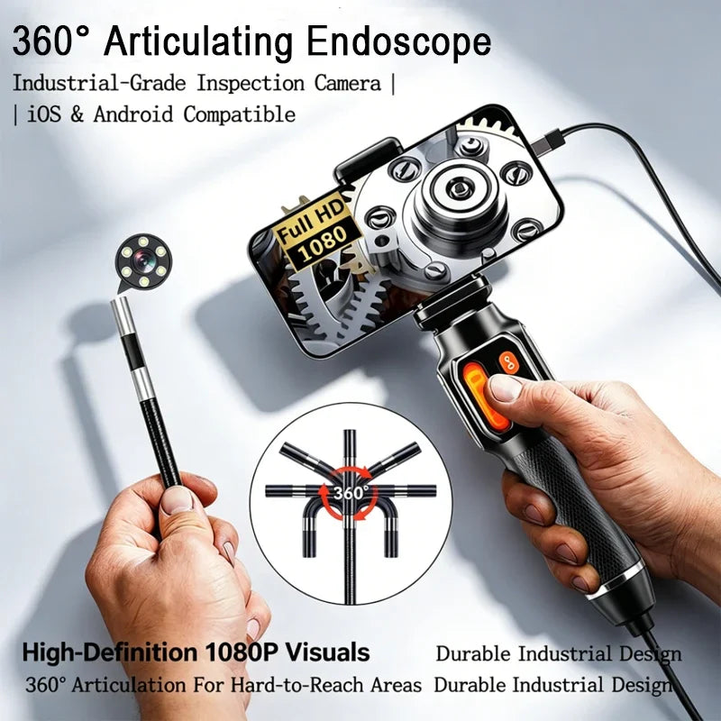 360 Degree Rotation Endoscope Camera 6mm Lens HD Articulated Inspection Borescope Camera IP67 for Automotive Car IOS Android