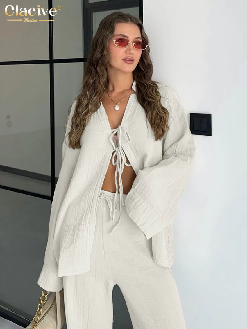 Clacive Fashion Loose Brown Cotton 2 Piece Set Women Outfit 2025 Elegant Long Sleeve Shirt With High Waist Wide Pants Set Female