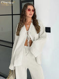 Clacive Fashion Loose Brown Cotton 2 Piece Set Women Outfit 2025 Elegant Long Sleeve Shirt With High Waist Wide Pants Set Female