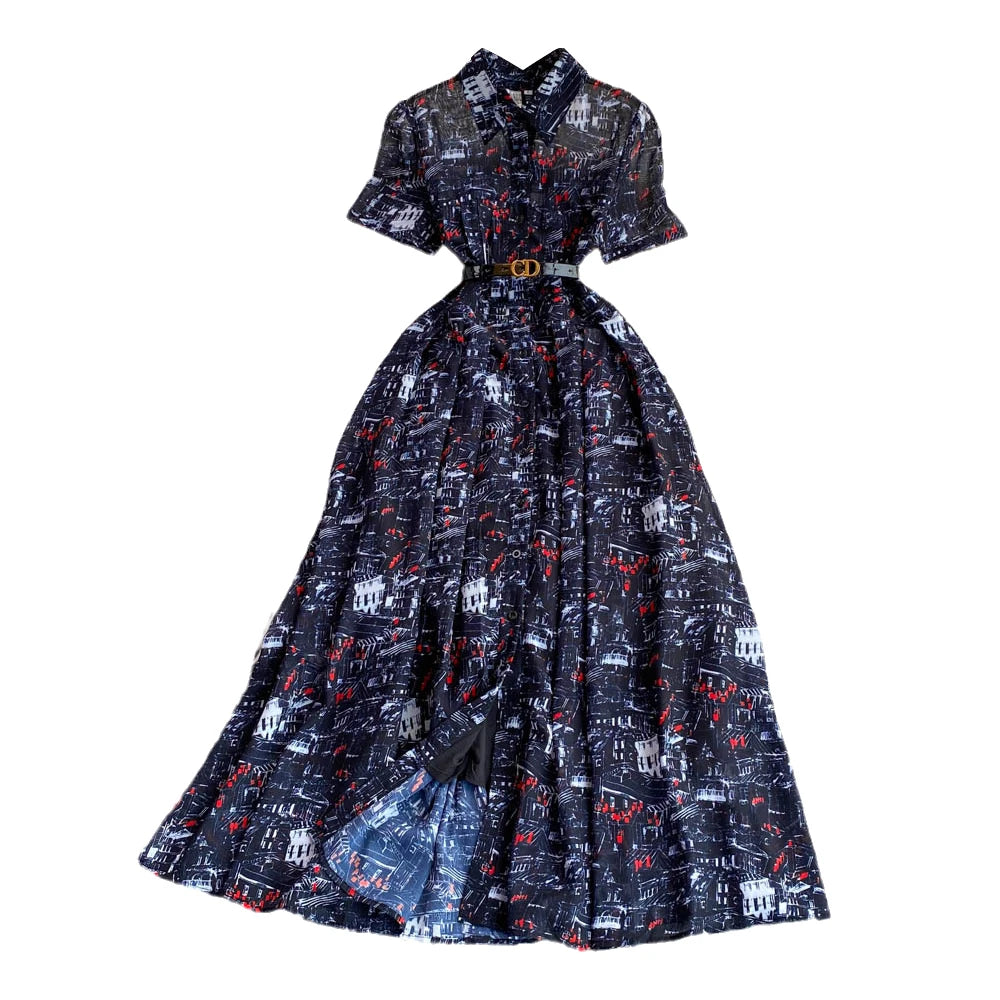 Ele Summer Vintage Gentle Wind Turn-down Collar Slimming Print Single-button A-line Chiffon Dr Long Skirt