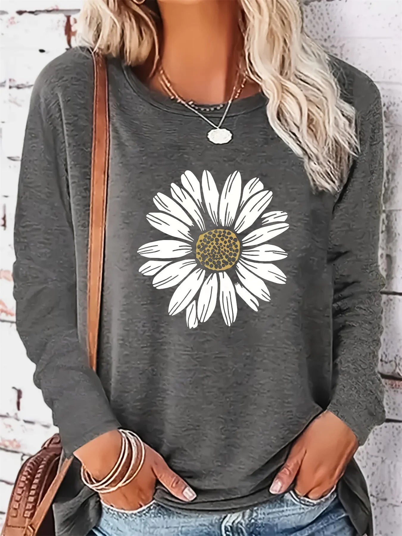 Women's autumn and winter 100% pure cotton fashionable casual loose sunflower print round neck long sleeved T-shirt top