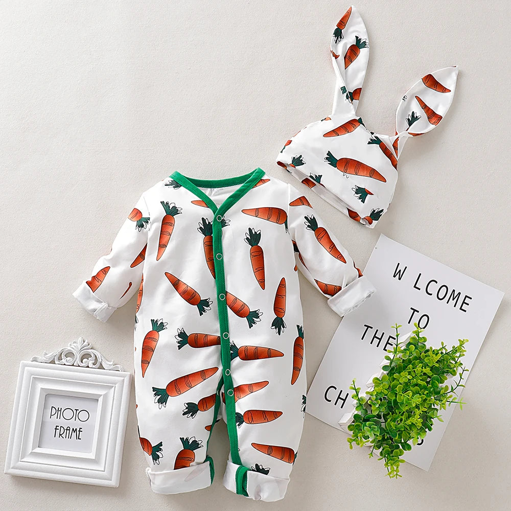 Prowow Baby Easter Costume Girls Boys Long Sleeve Carrot Printed Rompers+Rabbit Hat Bodysuit For Newborns Baby Easter Outfits