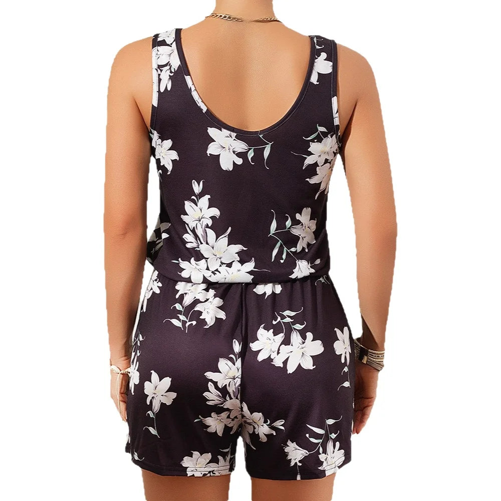 Floral Print Beach Casual Home Romper Women's Sleeveless Jumpsuit Comfortable Elastic Waist Loose Fit Five Shorts Polyester
