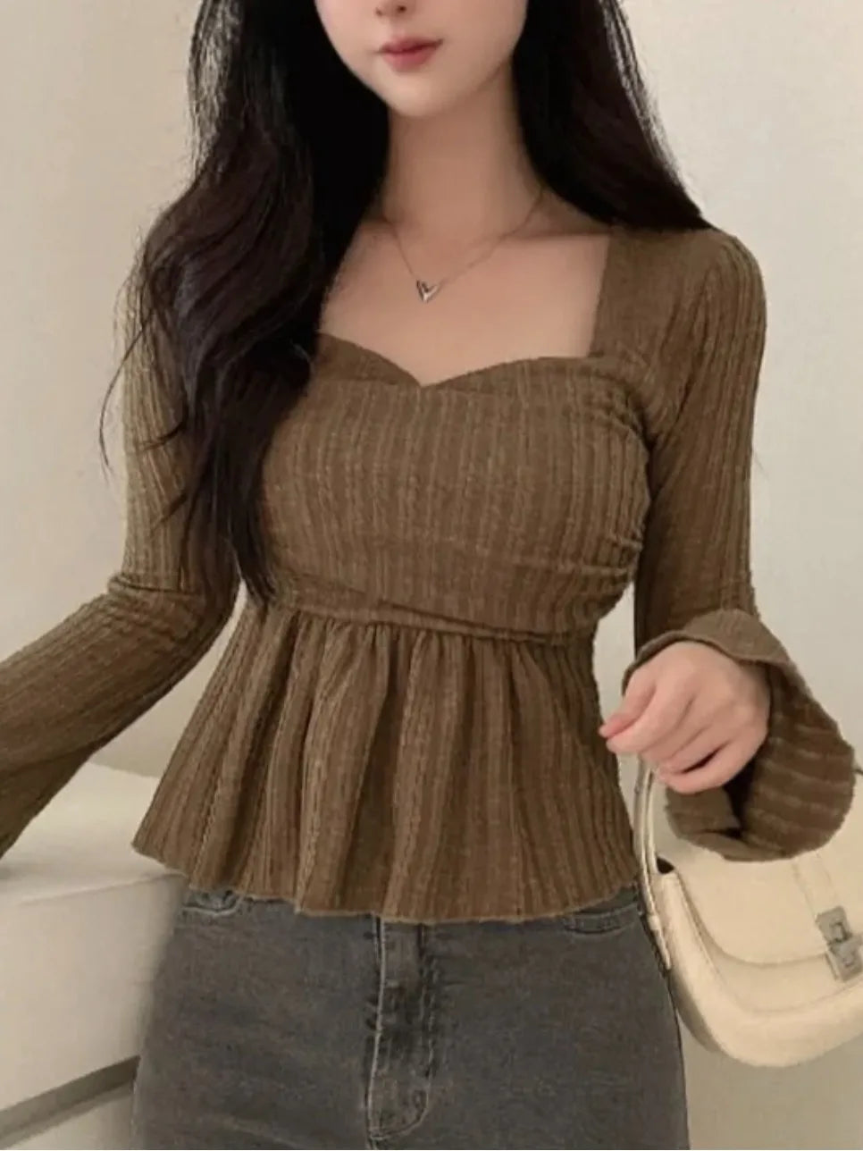 Chic Spring Knitted Top Women's Slim Fit Long Sleeve Bell Sleeve Square Collar T-Shirt Waist Cinching Flounce Hem Korean Style
