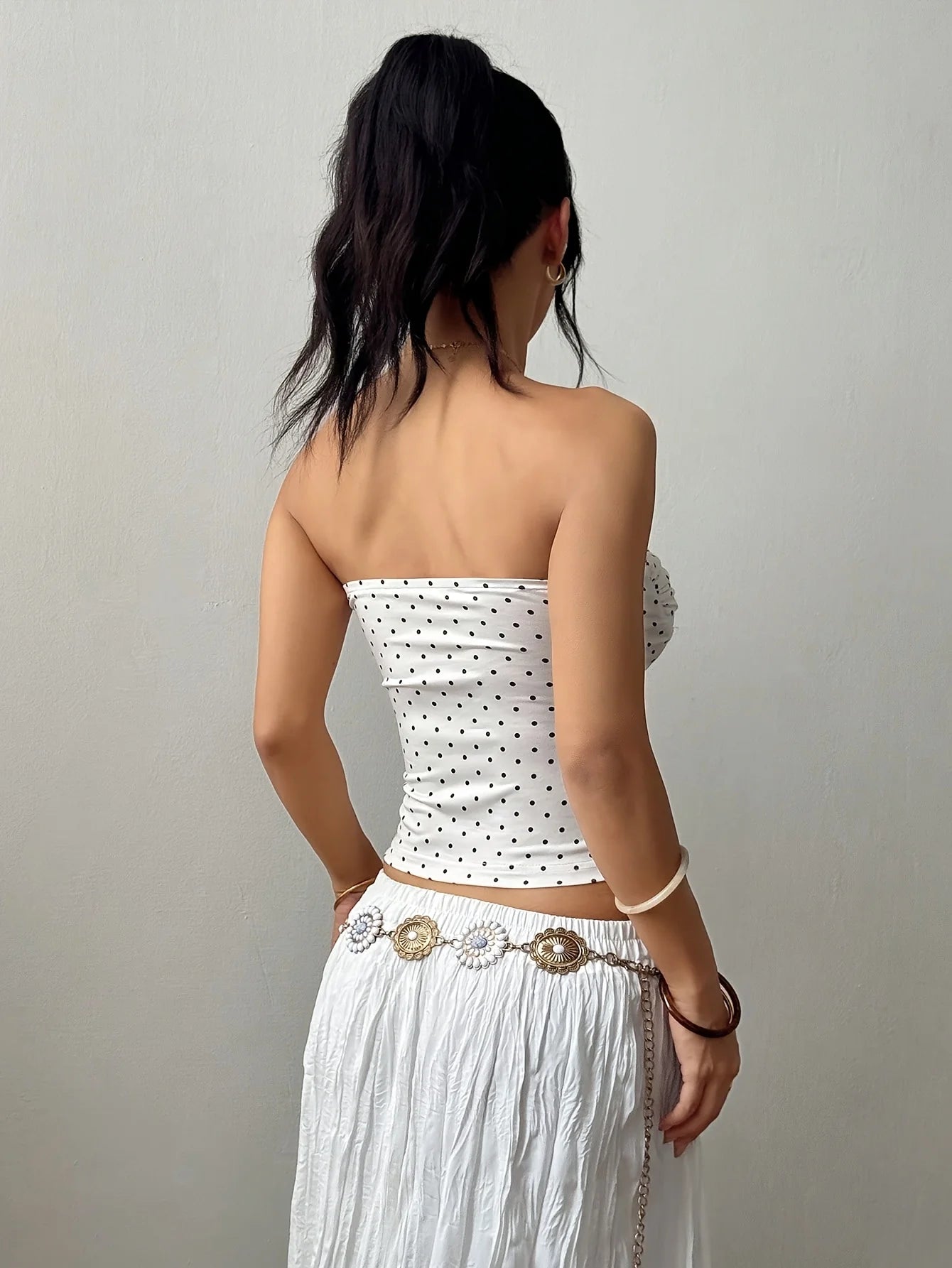 Women's Y2K Polka Dot Strapless Top Drawstring Bow Tie Sleeveless Slim Fit Suitable For Outdoor Wear Music Festival Outfits