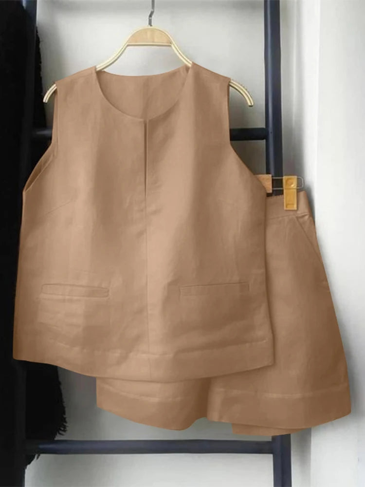 ZANZEA Casual Loose Sleeveless Tank and Shorts Women Summer 2pcs Short Sets Fashion Solid Tracksuit Sexy Pocket Matching Suits