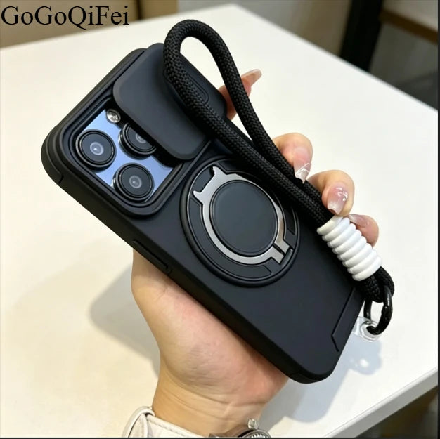 Armor Magnetic Bracket Case for iPhone 17 16 14 13 12 11 15 Pro Max Plus With Lanyard Slide Camera Protection Shockproof Cover