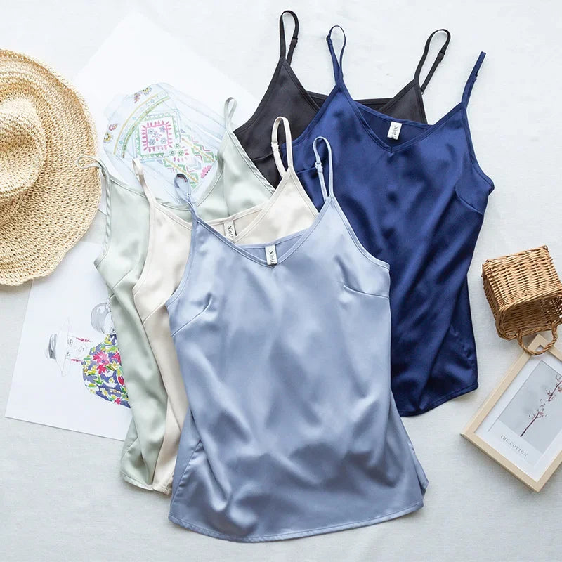 2026 Summer Women Satin Tank Tops Sexy Spaghetti Strap V-Neck Sleeveless Vintage Harajuku Streetwear Tops For Girls