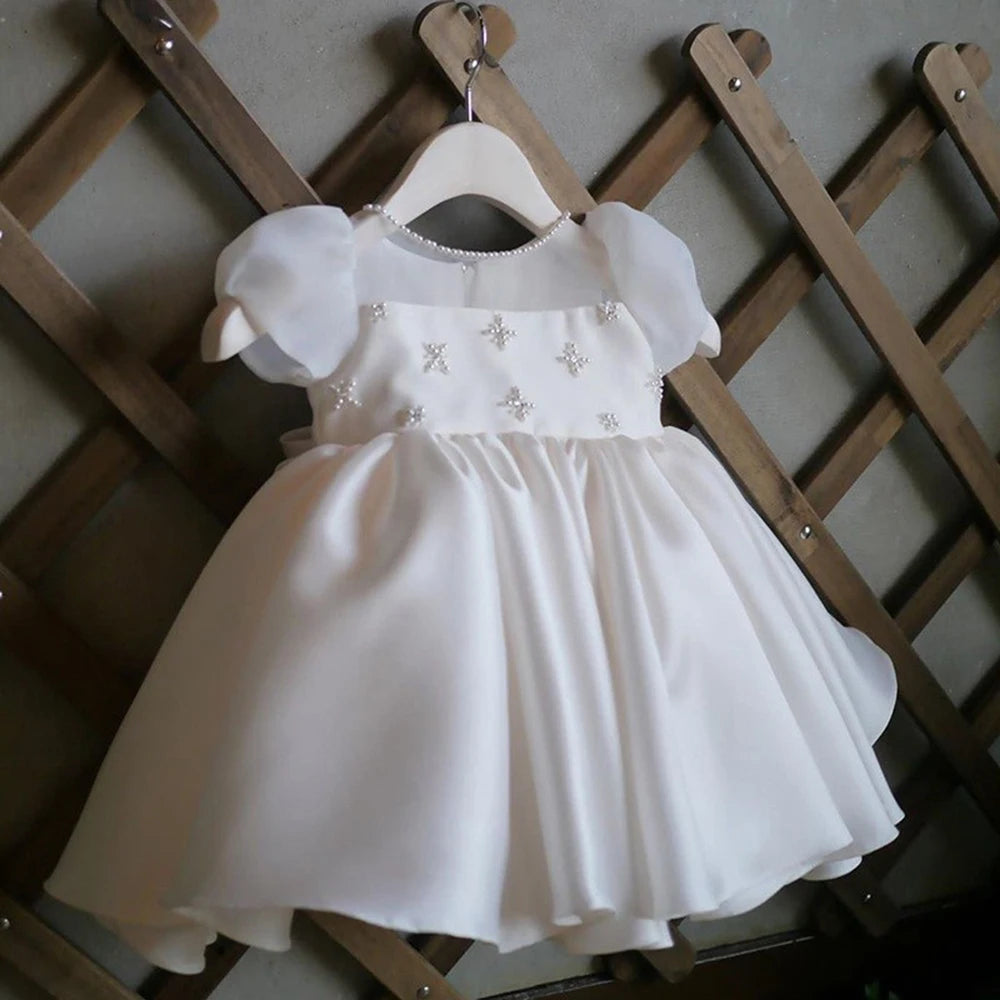 Champagne Satin Girl Party Dress Beading Kids Elegant Dresses For Girls Princess Clothes Luxury Birthday Gown Baby Vestidos 1-8Y