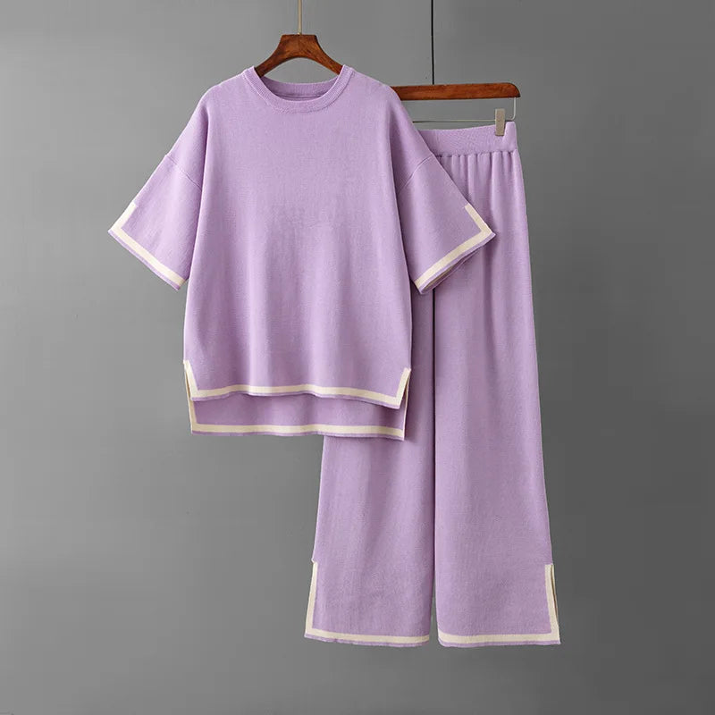 Women Two Piece Set Knit Sweater Suit Short Sleeve Round Neck Tops Loose Wide Leg Pants Solid Splice Midi Waist Casual