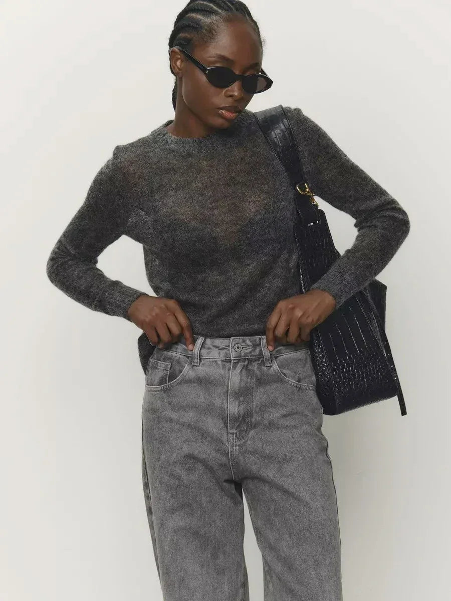 Blubelle Women's Elegant Slim Fit Sweater Summer Autumn Jumpers Casual Chic Round Neck Long Sleeved Fashion Loose Pullovers