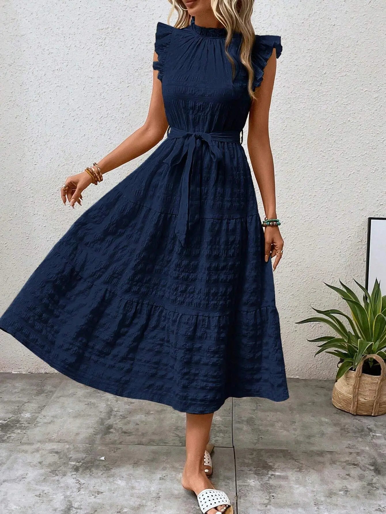 Fashion Women's Vintage Solid Ruffles Flying Sleeves Fresh And Sweet Midi Dress Summer Casual Lace Up Texture Womens Long Dress