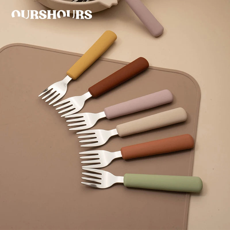 Children Tableware Stainless Steel Fork Spoon Knife Set with Silicone Handle for Toddlers Feeding Dinnerware Baby Accessories