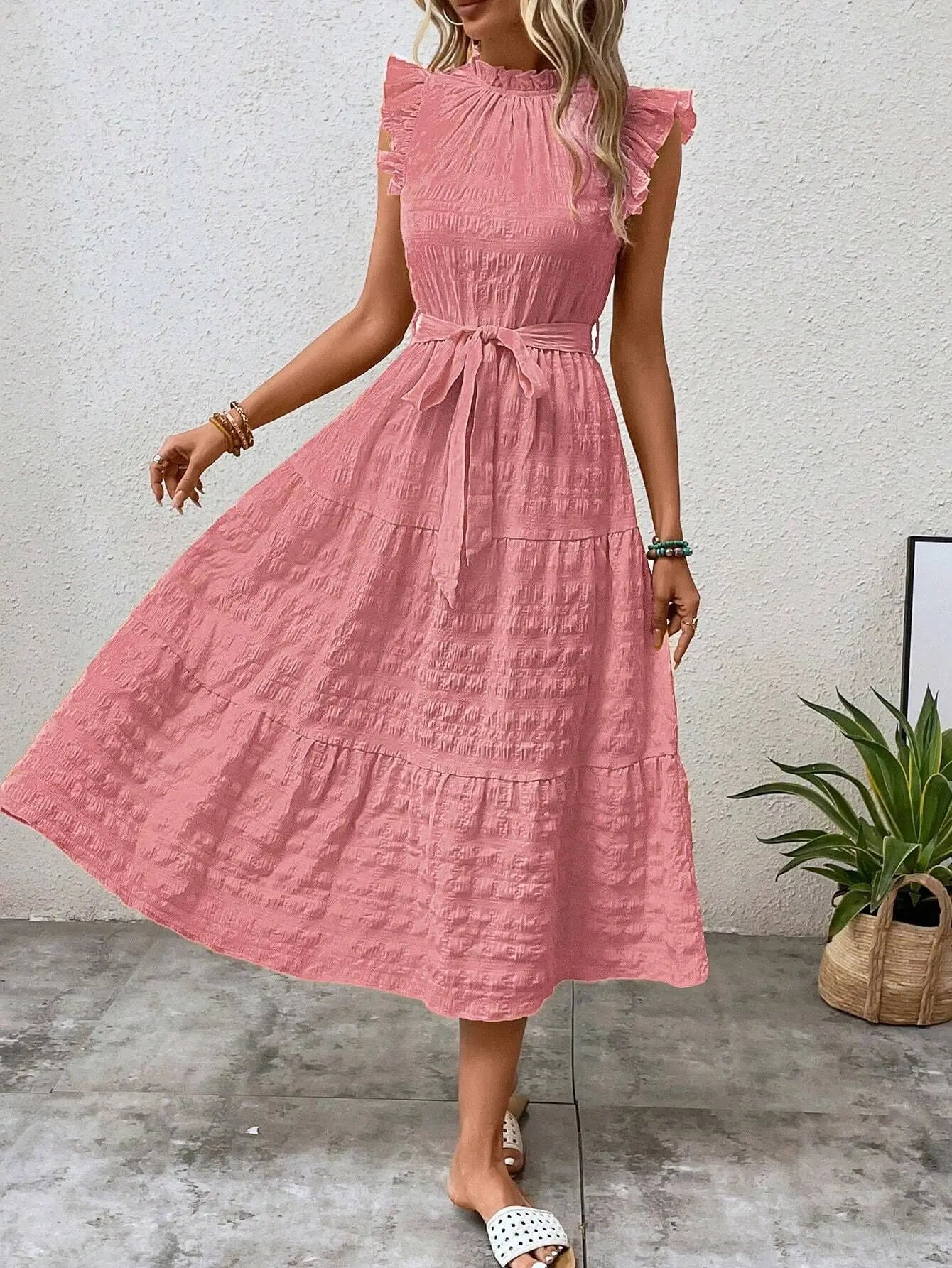 Fashion Women's Vintage Solid Ruffles Flying Sleeves Fresh And Sweet Midi Dress Summer Casual Lace Up Texture Womens Long Dress
