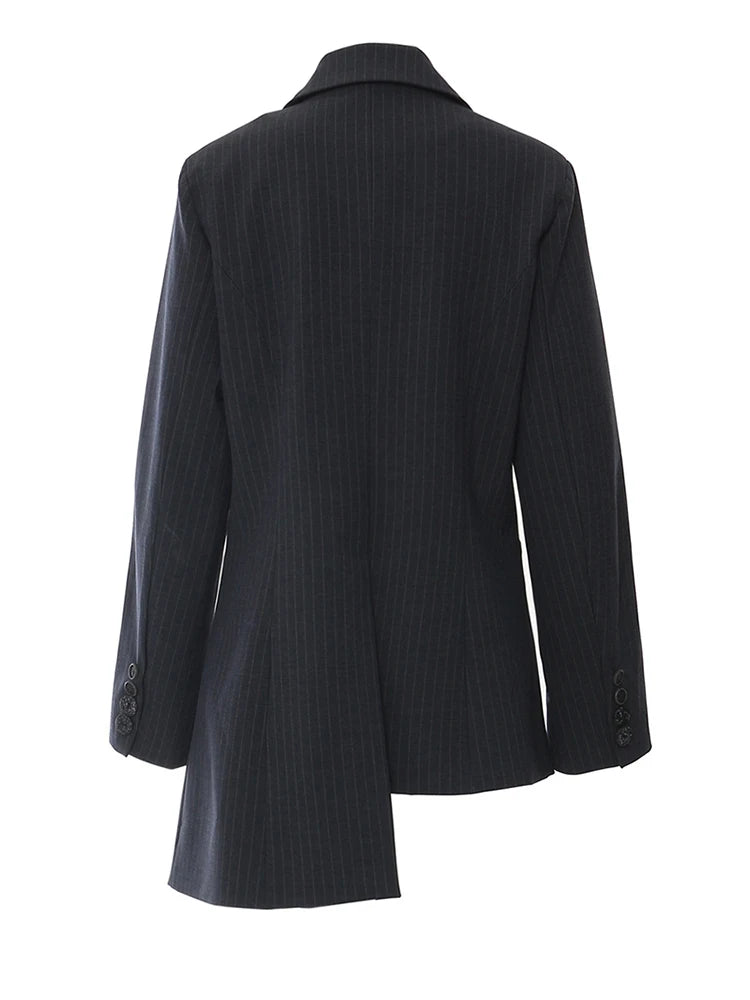 EAM Women Navy Blue Striped Irregular Elegant Blazer New Lapel Long Sleeve Jacket Fashion Tide Spring Autumn 2026 1DH5930